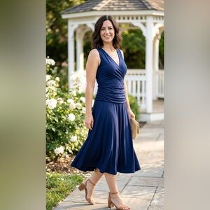 NWT- Meaneor Navy Ruched Empire Waist Fit & Flare Midi Dress L
